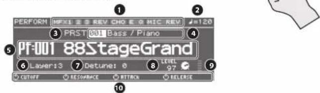 PERFORM MPX1 2 REV CHO 0 MIC REV #120 3 PRST 001 Bass / Piano 4 5 PF-001 88StageGrand 6 Laser:3 7 Detune: 8 LEVEL 97 9 CUTOFF RESOVRACE RTTRACK RELEASE 10