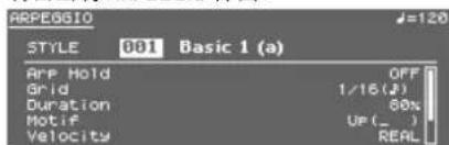 ARPE6610 STYLE 001 Basic 1 (a) Arr. Hold OFF Grid 1/16 (J) Duration 50% Motif UP ( ) Velocity REAL
