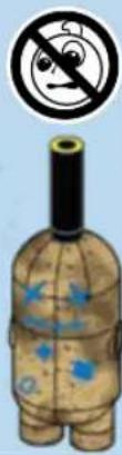 Safety warning sign showing no pictogram above a cartoon character with blue eyes and black mouth