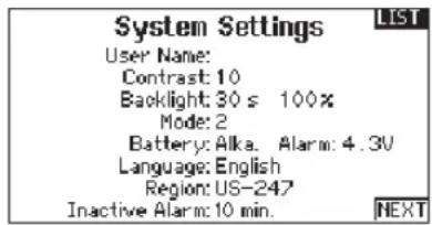 SPEKTRUM DX8G2 - SYSTEM SETTINGS - 1