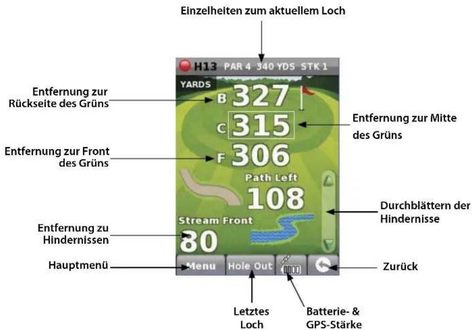 Einzelheiten zum aktuellem Loch H13 PAR 4 340 YDS STK 1 YARDS Entfernung zur Rückseite des Grüns B 327 C 315 F 306 Path Left 108 Stream Front Durchblättern der Hindernisse Entfernung zur Front des Grüns Entfernung zu Hindernissen 80 Zurück Hauptmenü Menu Hole Out Letztes Loch Batterie- & GPS-Stärke