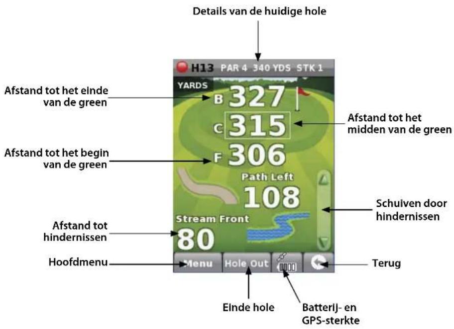 Details van de huidige hole H13 PAR 4 340 YDS STK 1 YARDS B 327 C 315 F 306 Path Left 108 Stream Front 80 Afstand tot het elnde van de green Afstand tot het begin van de green Schuiven door hindernissen Hoofdmenu Menu Hole Out Terug Einde hole Batterij- en GPS-sterkte