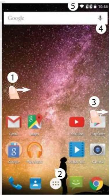 Google ① ② ③ ④ ⑤ 10:44 Email Maps YouTube Play Strike Google Play Music Action Video Gumbel
