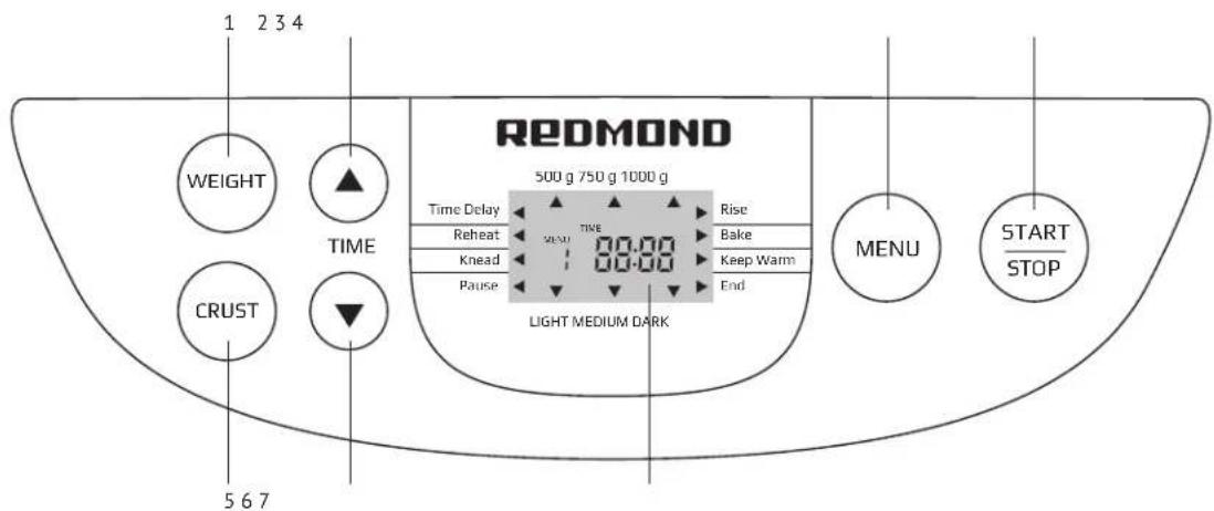 1 2 3 4 REDMOND 500 g 750 g 1000 g Time Delay Reheat Knead Pause TIME 8:00 Rise Bake Keep Warm End CRUST 5 6 7 MENU START STOP