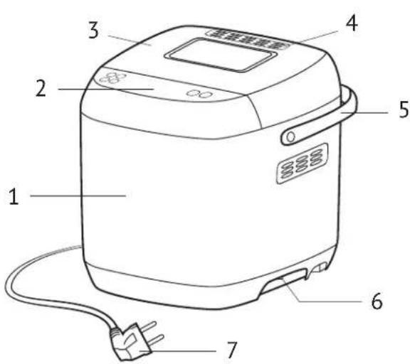 Diagram of a rice cooker with numbered parts labeled for identification