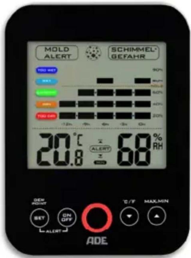MOLD ALERT SCHIMMEL® GEFAHR TSD KEY 90% HOT 80% HOLI-2 60% LAWAR 50% HNO 40% TSD 60% 12h -9h -6h -3h -1h 30°C 20.8 °C 20.8 ALERT 60 % ADE DEN POINT SET ON OFF °C/T MAX,MIN ADE