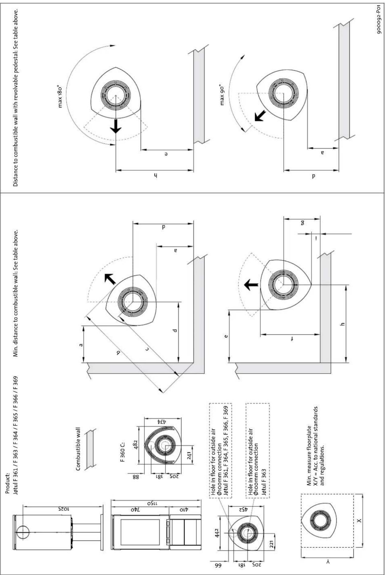 Jøtul F 363 - Requirements for protection of wooden flooring beneath the fireplace - 1