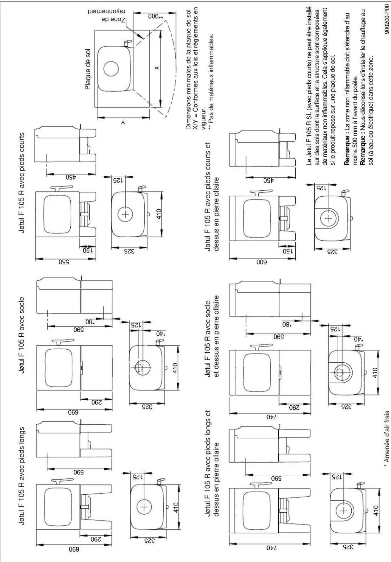 Jøtul F 105 R - Exigences relatives à la protection d'un revêtement de sol combustible devant le poèle - 2