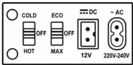 COLD OFF ECO OFF DC ~AC HOT MAX 12V 220V-240V