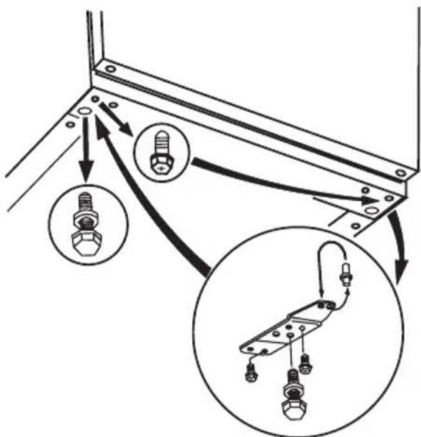 Technical diagram showing installation of a mechanical bracket with bolted components and wiring connections