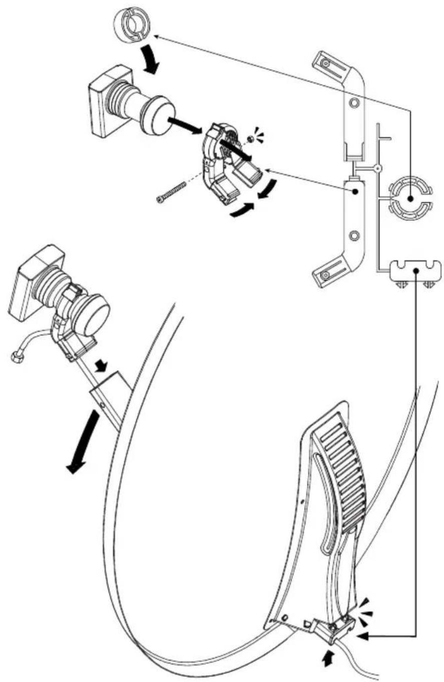 Technical diagram illustrating mechanical assembly and component alignment with labeled parts and directional arrows