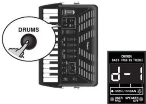 DRUMS CHORD/ BASS FREE BS TREBLE d-1 ORCH / ORGAN USER PRG SPEAKER OFF