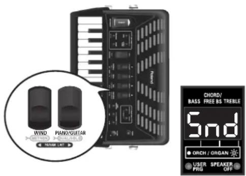 WIND PIANO/GUITAR PANER LET CHORD/ BASS FREE BS TREBLE 5nd ORCH / ORGAN USER FRG SPEAKER OFF