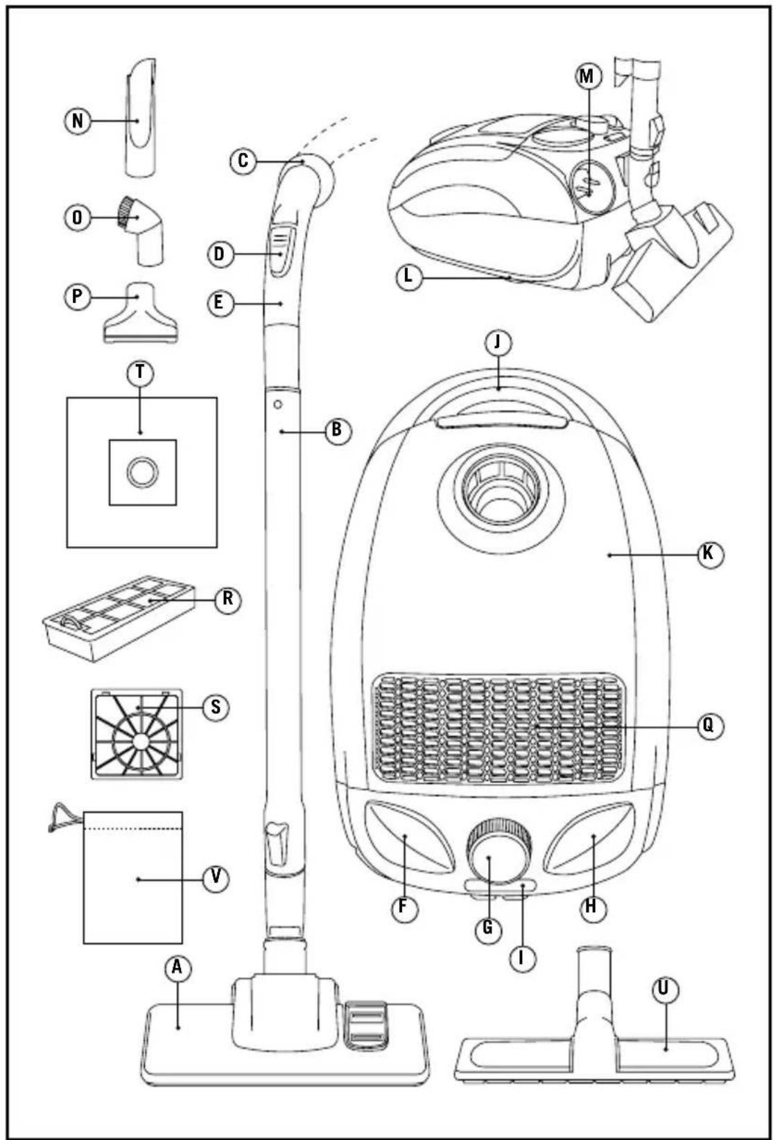 Technical diagram of a vacuum cleaner with labeled parts including air purifier, fan, and control panel