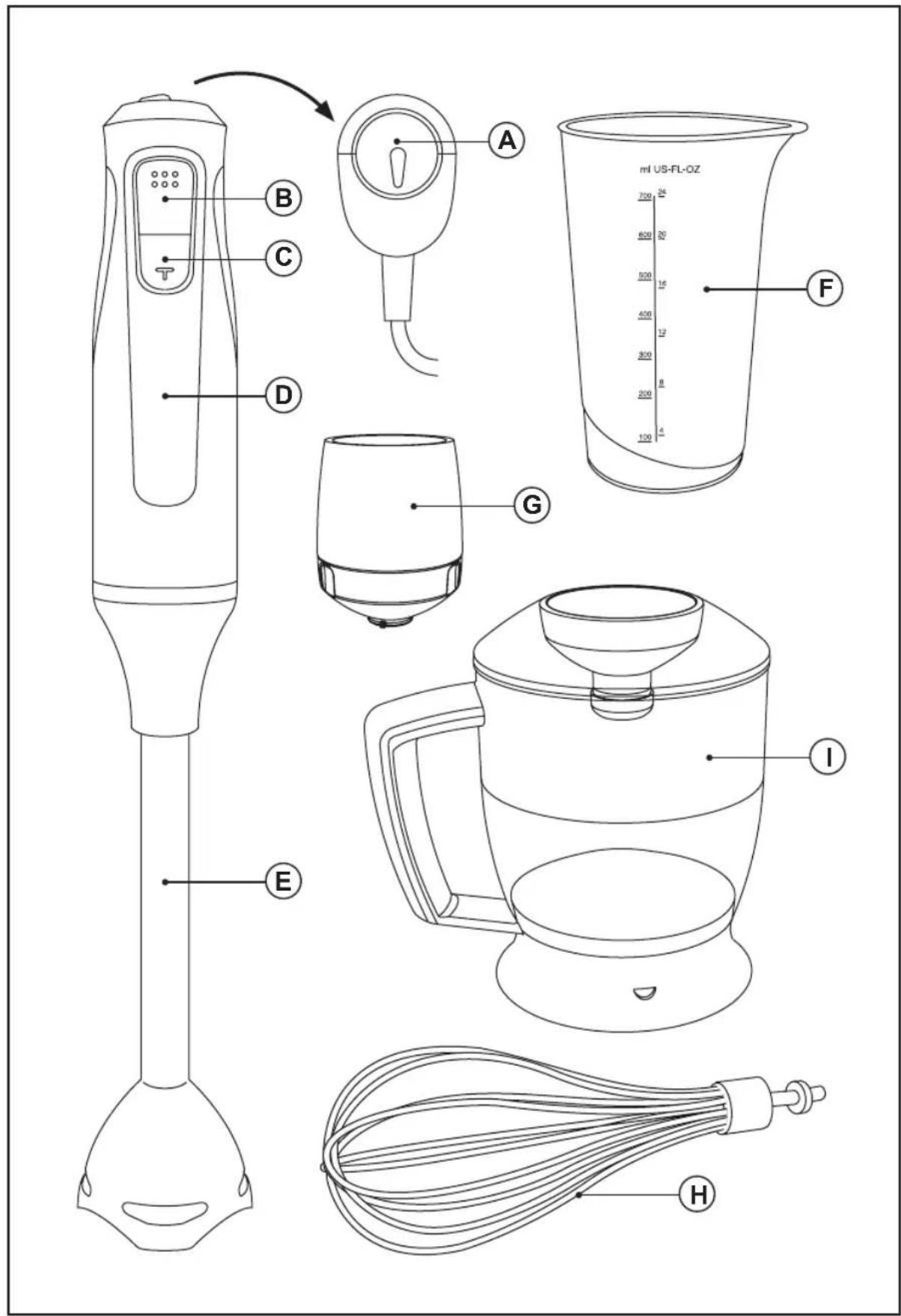 Technical diagram of a blender with labeled parts including a digital brush, water dispenser, and cordable stand.