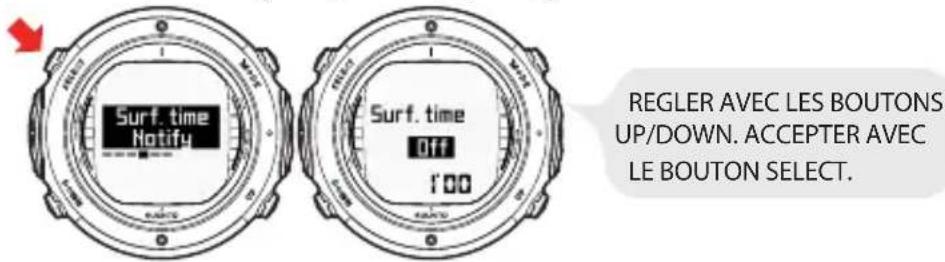 SUUNTO D6i - Réglage de l'alerte de temps de surface (mode FREE [Libre]) - 1
