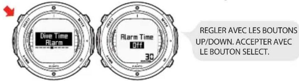 SUUNTO D6i - Réglage de l'alerte du temps d'immersion - 1