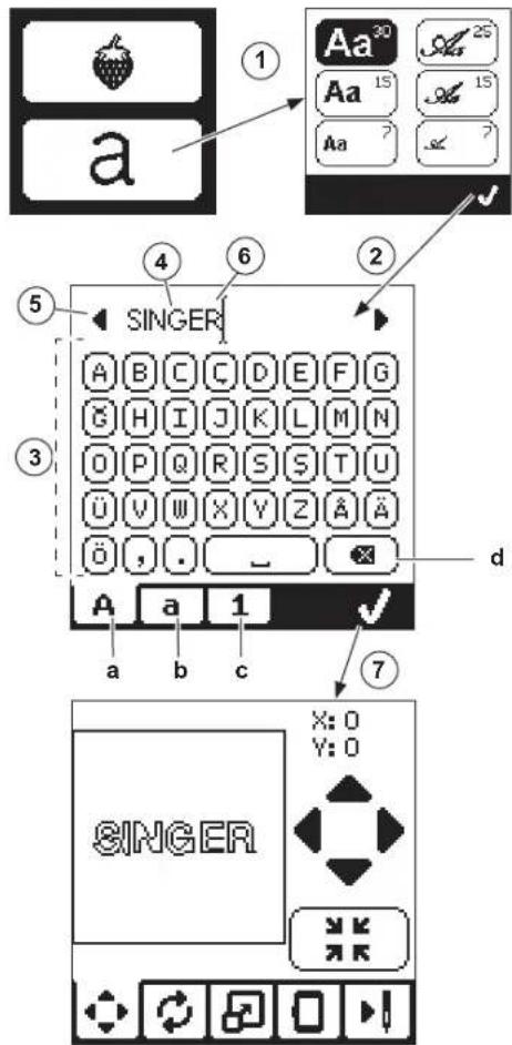 a ① Aa³⁰ Aa¹⁵ Aa²⁵ Aa¹⁵ Aa²⁵ ② SINGER ③ d A a 1 a b c ④ ⑤ SINGER X: 0 Y: 0