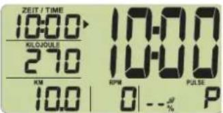 ZEET / TIME 10:00 KiloJoule 27:00 KM 10.0 10:00 RPM 0 --% PULSE P