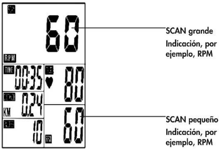 SCAN grande Indicación, por ejemplo, RPM 60 RPM TIME 00:35 00 00:35 00 17:40 KM 024 60 18:40 KM 60 SCAN pequeño Indicación, por ejemplo, RPM
