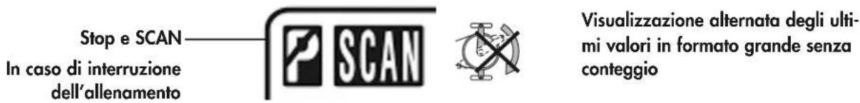 Stop e SCAN In caso di interruzione dell'allenamento P SCAN Visualizzazione alternata degli ultimi valori in formato grande senza conteggio