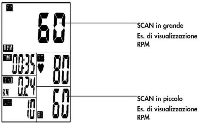 SCAN in grande Es. di visualizzazione RPM 60 RPM TIME 00:35 00 00:35 ♥ 00 TIME KM 024 00 KM 024 60 10 60 SCAN in piccolo Es. di visualizzazione RPM