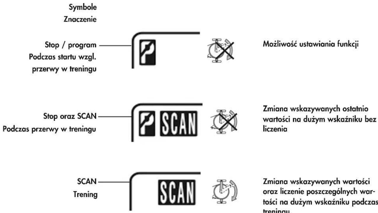 Symbole Znaczenie Stop / program Podczas startu wzgl. przerwy w treningu Możliwość ustawiania funkcji Stop oraz SCAN Podczas przerwy w treningu Zmiana wskazywanych ostatnio wartości na dużym wskaźniku bez liczenia SCAN Trening Zmiana wskazywanych wartości oraz liczenie poszczególnych war- tości na dużym wskaźniku podczas treningu.