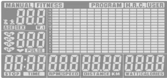 MANUAL FITNESS PROGRAM H.R.C. USER 88.0 88.0 AGE SEX W.t Tag 90% 75% 55% PULSE 88:00 STOP TIME RPM SPEED DISTANCE KM WAIT CALORIES