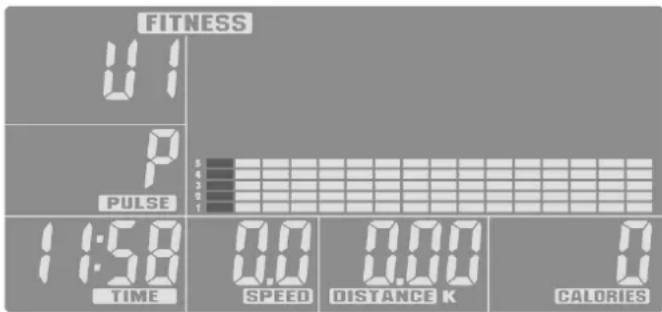 FITNESS 11 PULSE 11:58 TIME 0.0 SPEED 0.00 DISTANCE K 0 CALORIES