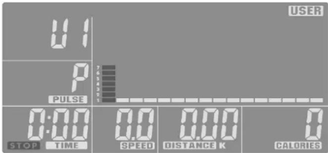 USER 0:1 P 7 6 5 4 3 2 1 PULSE 0:00 STOP TIME 0.0 SPEED 0.00 DISTANCE K 0 CALORIES