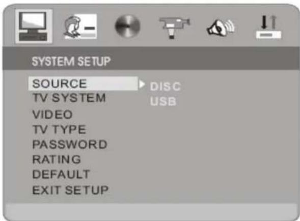 SYSTEM SETUP SOURCE TV SYSTEM VIDEO TV TYPE PASSWORD RATING DEFAULT EXIT SETUP DISC USB