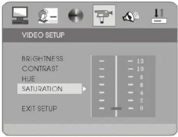 VIDEO SETUP BRIGHTNESS CONTRAST HUE SATURATION EXIT SETUP - - - - - - - - - - - - - - - - - - - - - - - - - - - - - - - - - - - - - - - - - - - - - - - - - - - - - - - - - - - - - - - - - - - - - - - - - - - - - - - 12 - 10 - 8 - 6 - 4 - 2 - 0