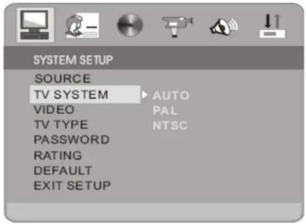 SYSTEM SETUP SOURCE TV SYSTEM AUTO VIDEO PAL TV TYPE NTSC PASSWORD RATING DEFAULT EXIT SETUP