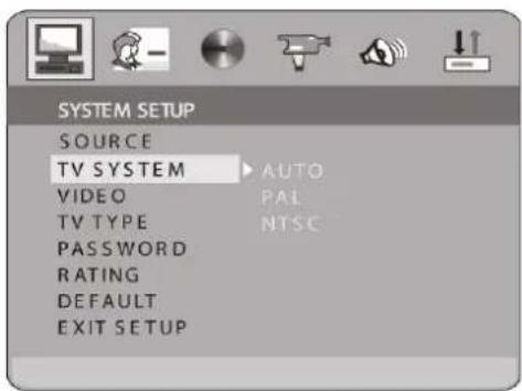SYSTEM SETUP SOURCE TV SYSTEM AUTO VIDEO PAL TV TYPE NTSC PASSWORD RATING DEFAULT EXIT SETUP