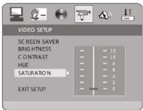 VIDEO SETUP SCREEN SAVER BRIG HTNESS CONTRAST HUE SATURATION EXIT SETUP