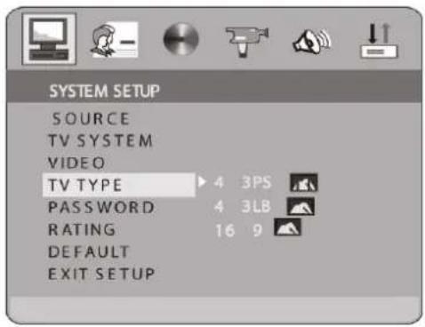 SYSTEM SETUP SOURCE TV SYSTEM VIDEO TV TYPE 4 3PS PASSWORD 4 3LB RATING 16 9 DEFAULT EXIT SETUP