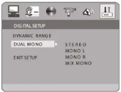 DIGITAL SETUP DYNAMIC RANGE DUAL MONO STEERO MONO L EXIT SETUP MONO R MIX MONO