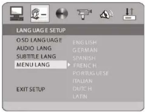 LANG UAG E SETUP OSD LANG UAGE AUDIO LANG SUBTITLE LANG MENU LANG EXIT SETUP ENGLISH GERMAN SPANISH FRENCH PORTUGUESE ITALIAN DUTCH LATIN