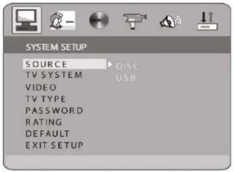 SYSTEM SETUP SOURCE DISC TV SYSTEM USB VIDEO TV TYPE PASSWORD RATING DEFAULT EXIT SETUP