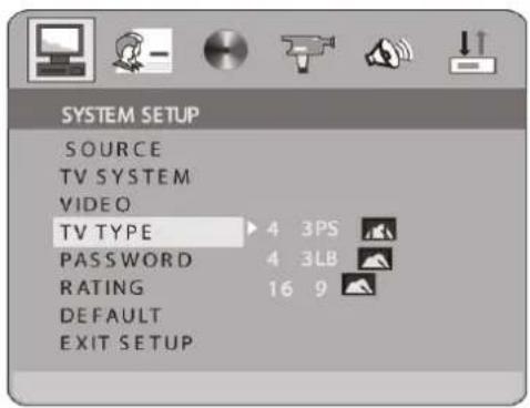 SYSTEM SETUP SOURCE TV SYSTEM VIDEO TV TYPE 4 3PS PASSWORD 4 3LB RATING 16 9 DEFAULT EXIT SETUP