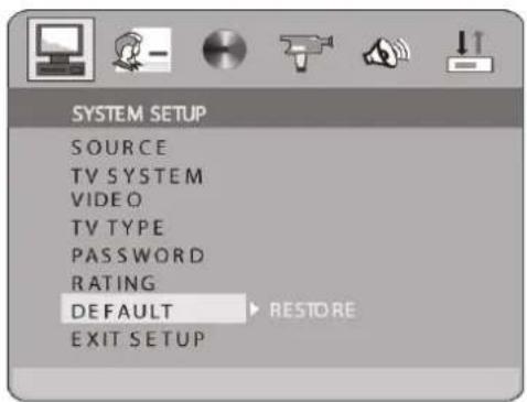 SYSTEM SETUP SOURCE TV SYSTEM VIDEO TV TYPE PASSWORD RATING DEFAULT RESTORE EXIT SETUP