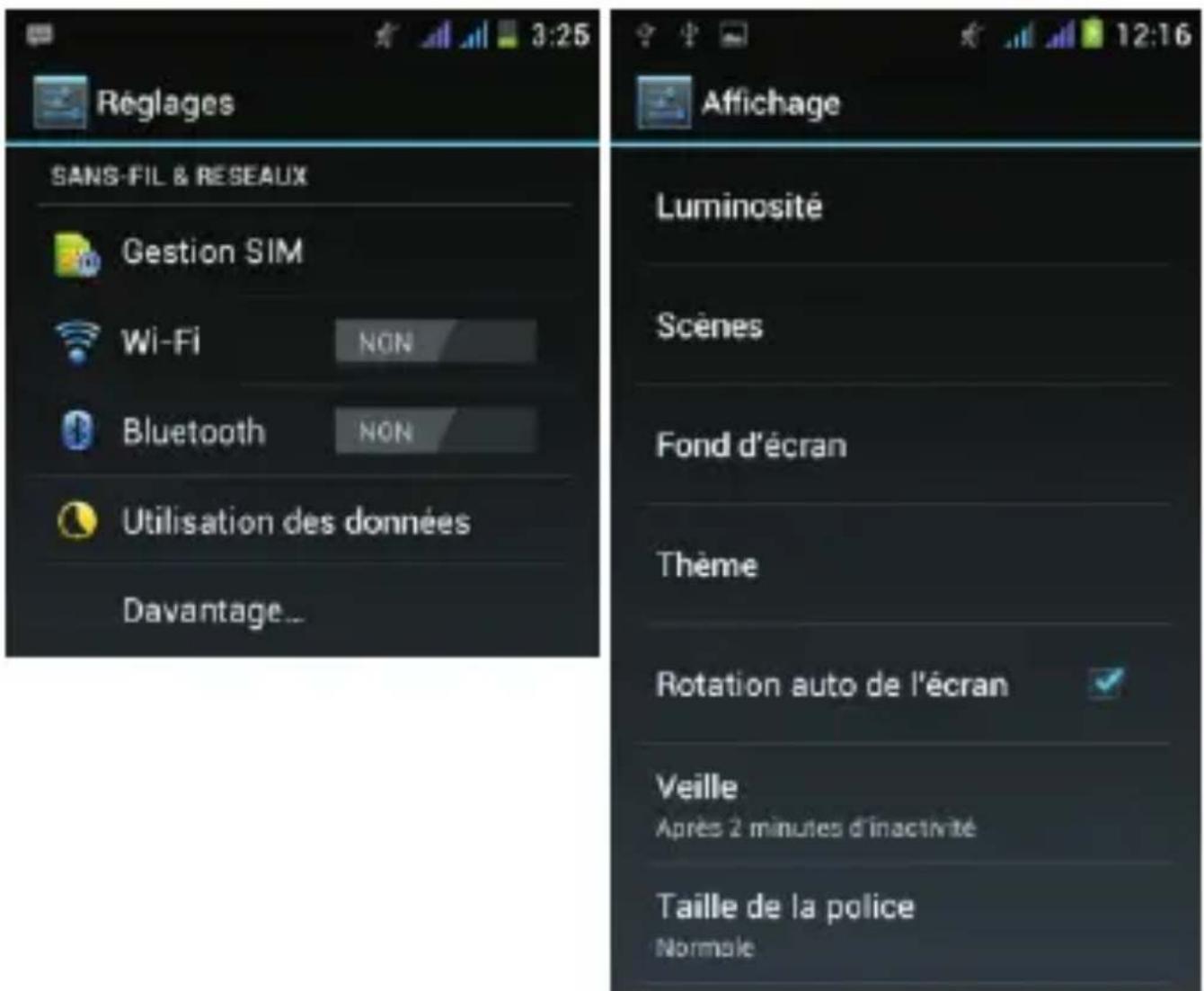 THOMSON Xview 3 TH1130M - Changer la luminosité, le fond d'écran, la durée de mise en veille et la taille de caractères. - 1