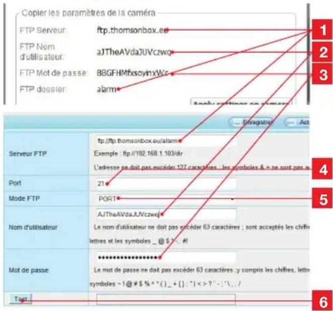 Copier les paramètres de la caméra FTP Serveur: ftp.thomsonbox.eu FTP Nom d'utilisateur: ajTheAVdaJUVczwqe FTP Mot de passe: BBGFHMfxsoymxWc FTP dossier: alarm Apply settings ou camera 1 2 3 Serveur FTP ftp://ftp.thomsonbox.eu/alarme Exemple : ftp://192.168.1.103/ldr L'adresse ne doit pas excéder 127 caractères : les symboles & = ne sont pas en Port 21 5 Mode FTP PORT Nom d'utilisateur AJTheAVdaJUVczwqe Le nom d'utilisateur ne doit pas excéder 63 caractères ; sont acceptés les chiffre lettres et les symboles _ @ $ % _ # Mot de passe ********** Le mot de passe ne doit pas excéder 63 caractères y compris les chiffres, lettres symboles ~1 @ # $ % ^ * () _ + [ ] : " | < > ? " - : '\ . / Tout