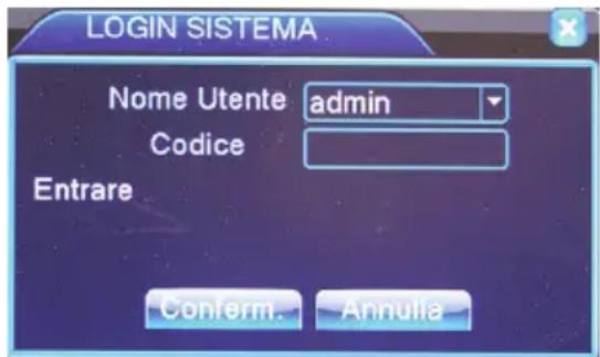 LOGIN SISTEMA Nome Utente admin Codice Entrare Confirm. Annulla