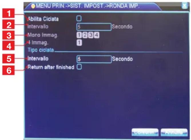 MENU PRIN.->SIST. IMPOST.->RONDA IMP. 1 2 3 4 5 6 Abilita Ciclata Intervallo 5 Secondo Mono Immag. 1 2 3 4 4 Immag. 1 Tipo ciclata Intervallo 5 Secondo Return after finished