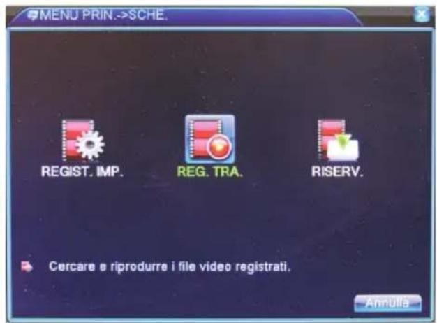 MENU PRIN.->SCHE. REGIST. IMP. REG. TRA. RISERV. Cercare e riprodurre i file video registrati. Annulfa