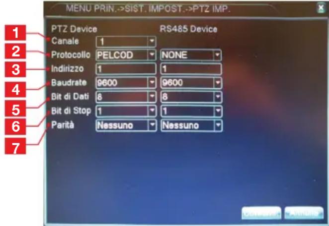 MENU PRIN.->SIST. IMPOST.->PTZ IMP. PTZ Device RS485 Device Canale 1 Protocollo PELCOD NONE Indirizzo 1 1 Baudrate 9600 9600 Bit di Dati 8 8 Bit di Stop 1 1 Parità Nessuno Nessuno 1 2 3 4 5 6 7