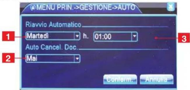 MENU PRIN.->GESTIONE->AUTO 1 Riavvio Automatico_ Martedi h. 01:00 2 Auto Cancel. Doc. Mai 3 Confirm. Annula