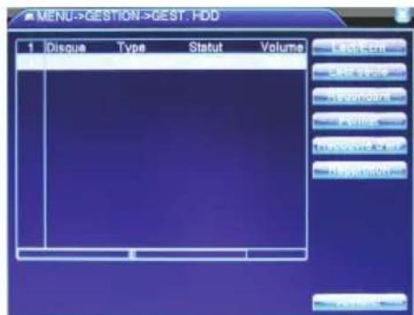 MENU->GESTION->GEST. HDD 1 Disque Type Statut Volume Start On End Stop Avance Avion Magnetic Event Hybrid Avonset