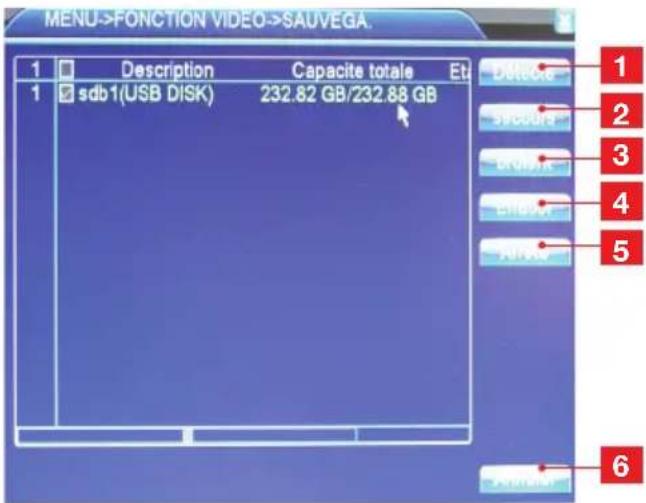MENU->FONCTION VIDEO->SAUVEGA. 1 Description Capacite totale Et 1 sdb1(USB DISK) 232.82 GB/232.88 GB 1 2 3 4 5 6